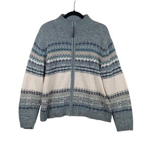 TIARA INTERNATIONAL Women's Blue Fair Isle Zip Up Cardigan‎ Sweater Large